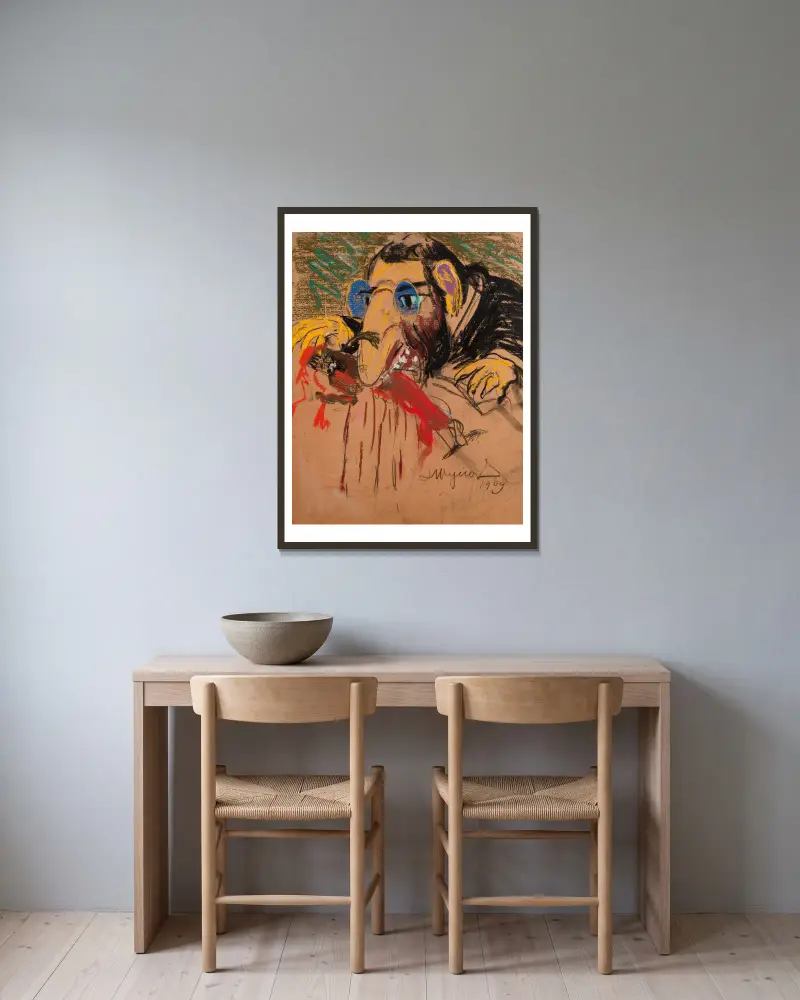 Karikatur von Feliks Jasieński von Leon Wyczółkowski gerahmt an einer Wand