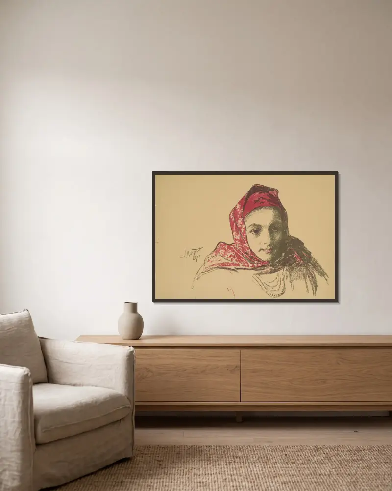 Mädchenkopf aus Krakau mit rotem Halstuch von Leon Wyczółkowski gerahmt an einer Wand