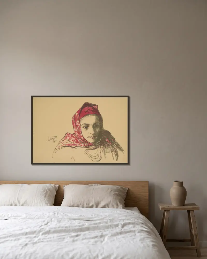 Mädchenkopf aus Krakau mit rotem Halstuch von Leon Wyczółkowski gerahmt an einer Wand