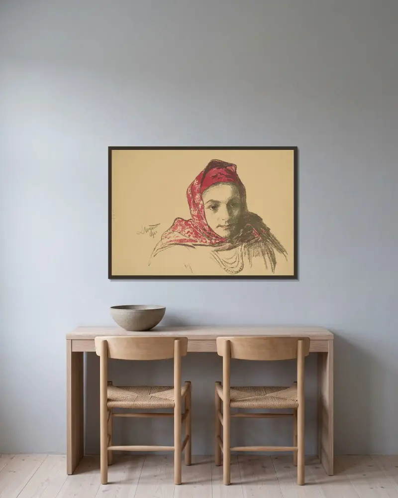 Mädchenkopf aus Krakau mit rotem Halstuch von Leon Wyczółkowski gerahmt an einer Wand