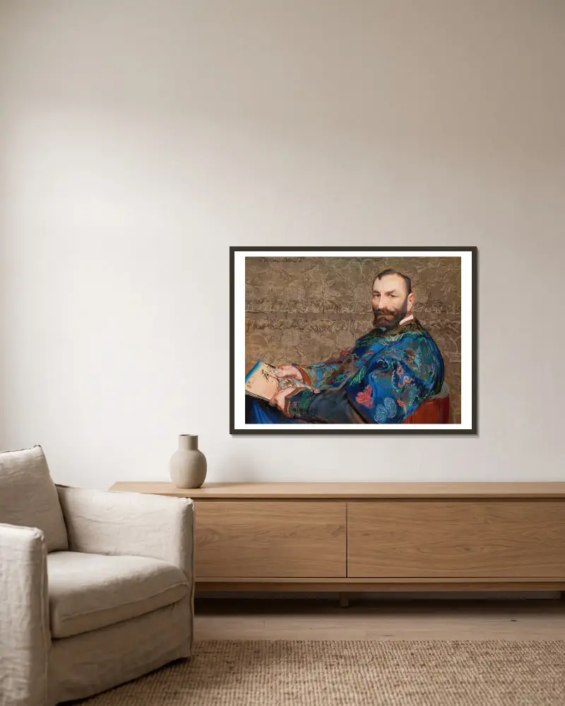 Porträtt av Feliks Jasieński i blå kaftan av Leon Wyczółkowski inramad på en vägg