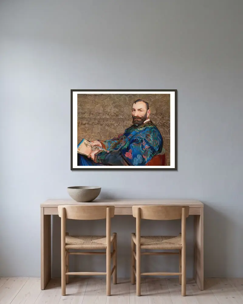 Porträtt av Feliks Jasieński i blå kaftan av Leon Wyczółkowski inramad på en vägg