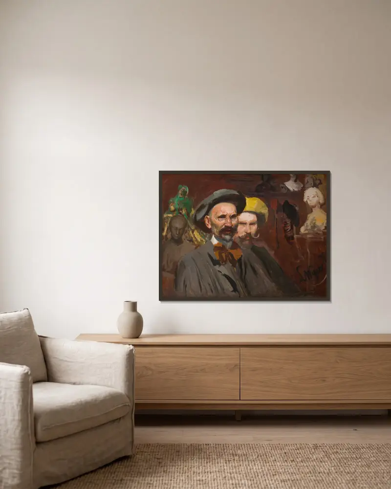 Selbstporträt mit Konstanty Laszczka von Leon Wyczółkowski gerahmt an einer Wand