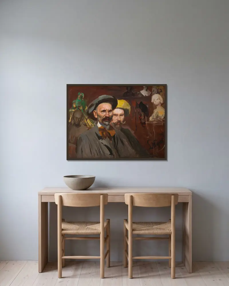Selbstporträt mit Konstanty Laszczka von Leon Wyczółkowski gerahmt an einer Wand