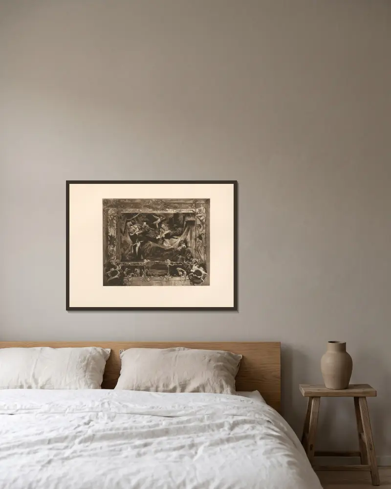 Utkast till ridå för Krakóws teater av Stanisław Wyspiański inramad på en vägg
