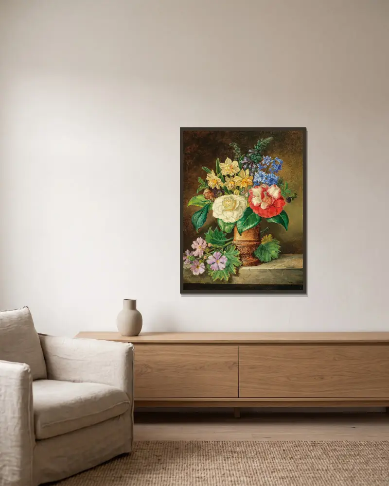 Ein Blumenstrauß mit Narzissen und Kamelien von Franz Xaver Petter gerahmt an einer Wand