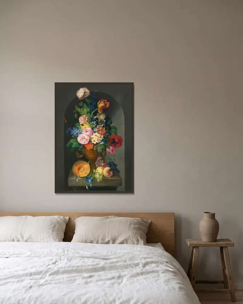 Bronsurna med blommor, melon, persikor och druvor, fjäril och larv av Franz Xaver Petter inramad på en vägg