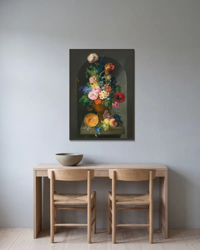 Bronsurna med blommor, melon, persikor och druvor, fjäril och larv av Franz Xaver Petter inramad på en vägg