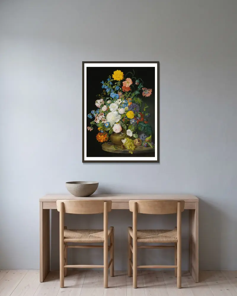 En vas med kamelior, pelargoner, dahlior, en vit pion, rosor, vallmo och andra blommor, med frukt på en stenhäll av Franz Xaver Petter inramad på en vägg