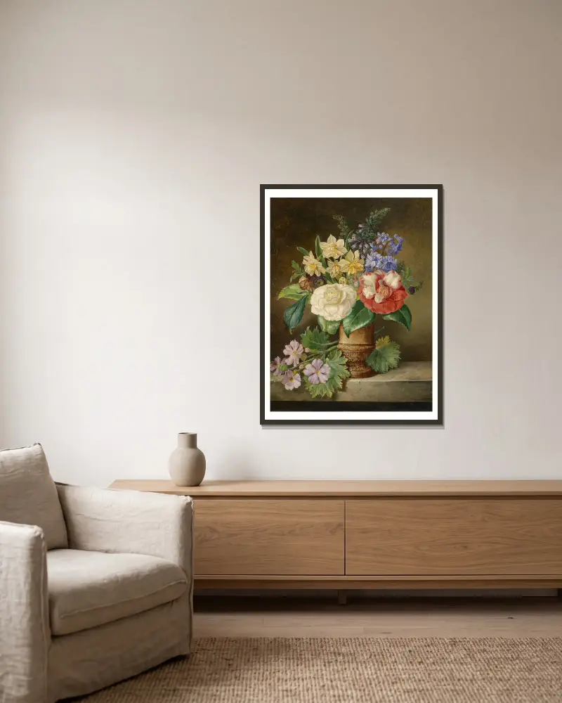 Blumenstillleben mit Narzissen von Franz Xaver Petter gerahmt an einer Wand