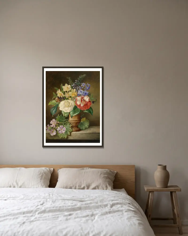 Blumenstillleben mit Narzissen von Franz Xaver Petter gerahmt an einer Wand