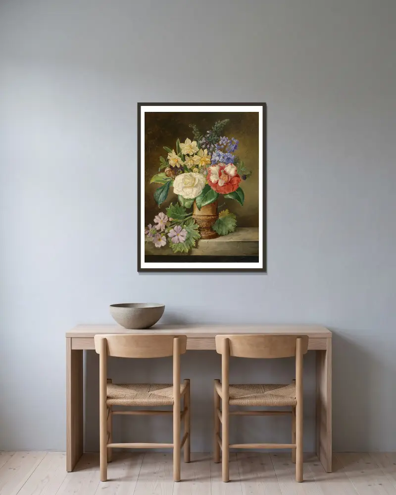 Blumenstillleben mit Narzissen von Franz Xaver Petter gerahmt an einer Wand