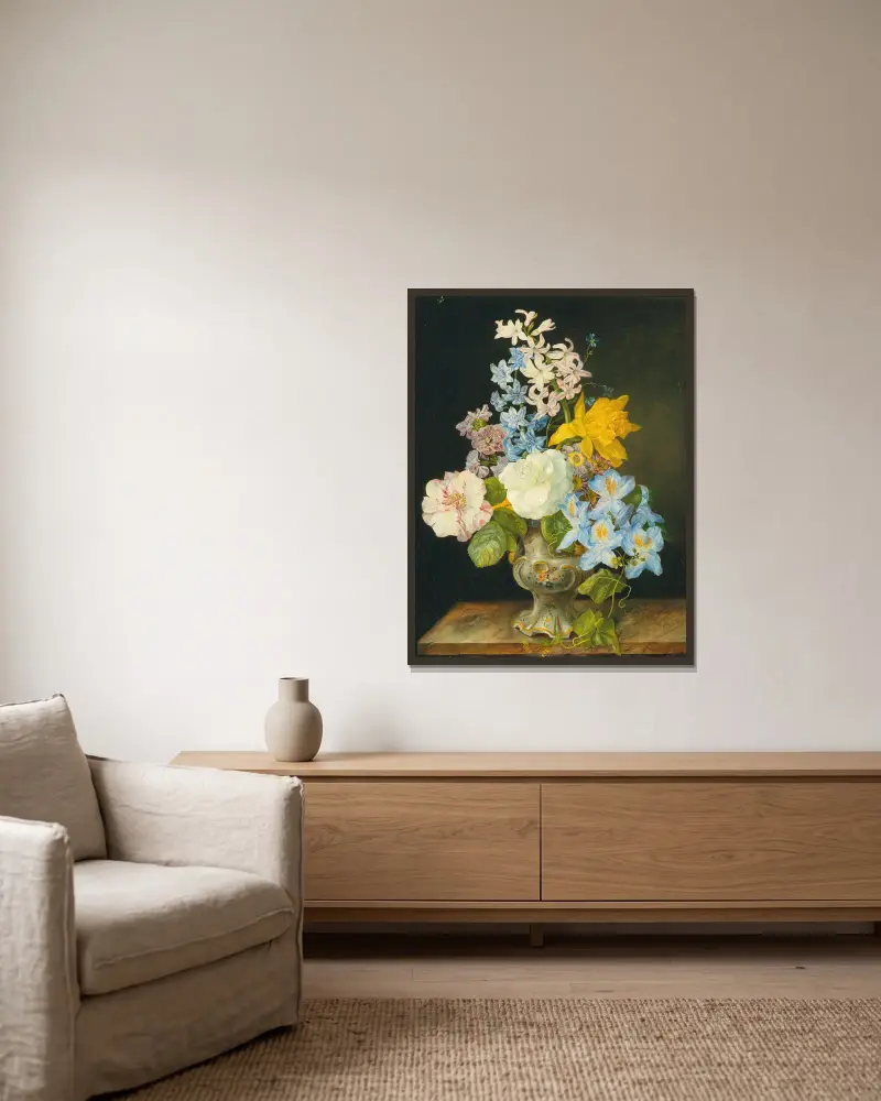 Blumenstrauß in einer Porzellanvase av Franz Xaver Petter inramad på en vägg