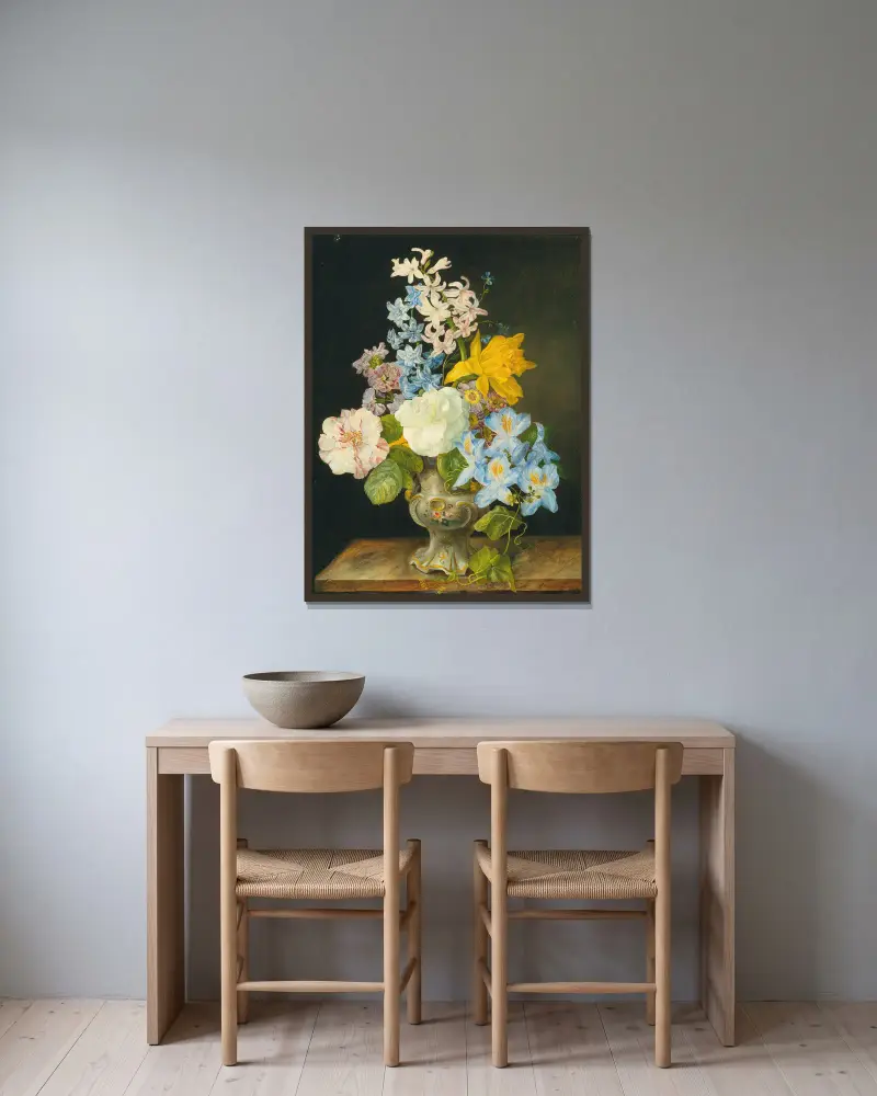 Blumenstrauß in einer Porzellanvase av Franz Xaver Petter inramad på en vägg
