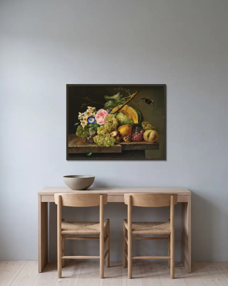 Still Life with Grapes, Pumpkin, Pear, Walnuts, Rose, Daffodils, and Butterfly av Franz Xaver Petter inramad på en vägg