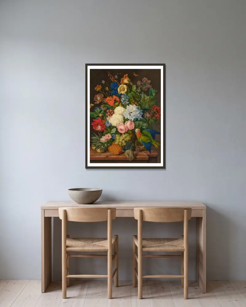 Viburnum Oculus, Roses, Plumbago, Primula Auricula, Hemerocallis, Companula, Chinadoxia and Epiphyllum on a ledge with a Pineapple and a Parrot av Franz Xaver Petter inramad på en vägg