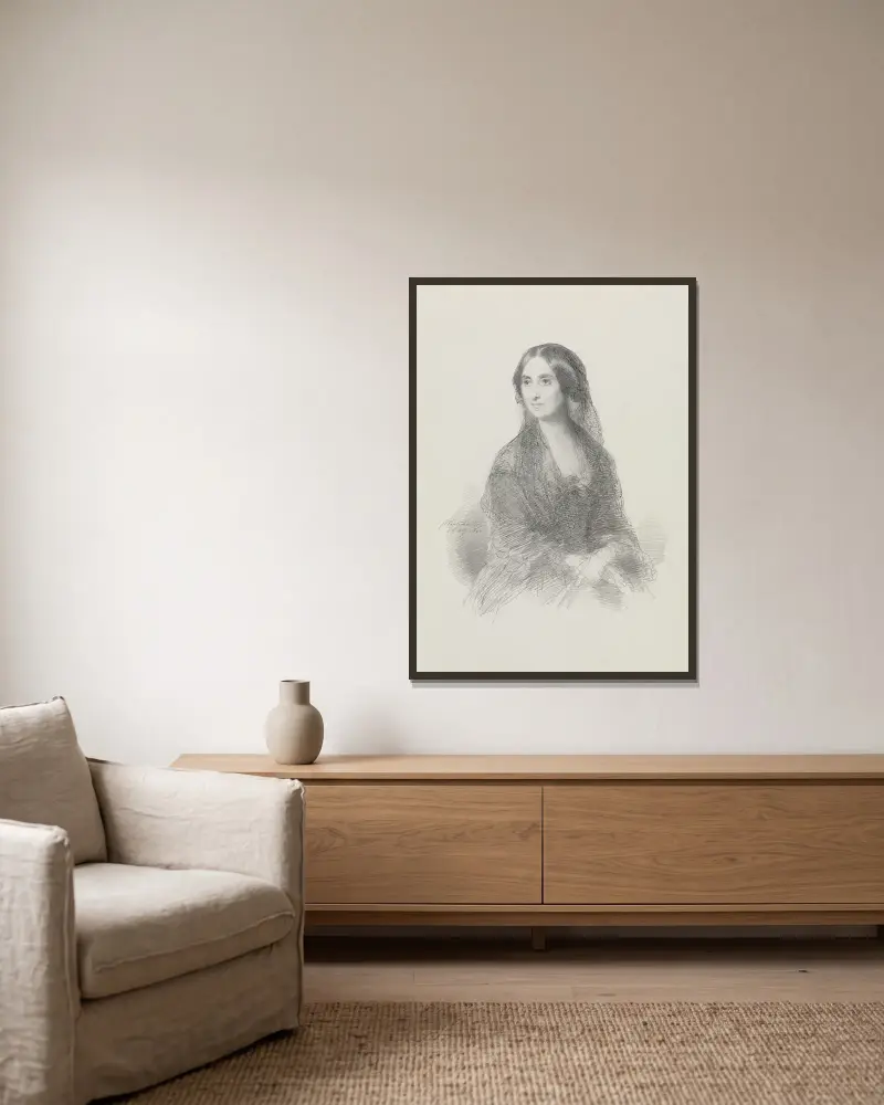 Porträtt av en dam i spansk dräkt, sittande, i halvfigur av Franz Xaver Winterhalter inramad på en vägg