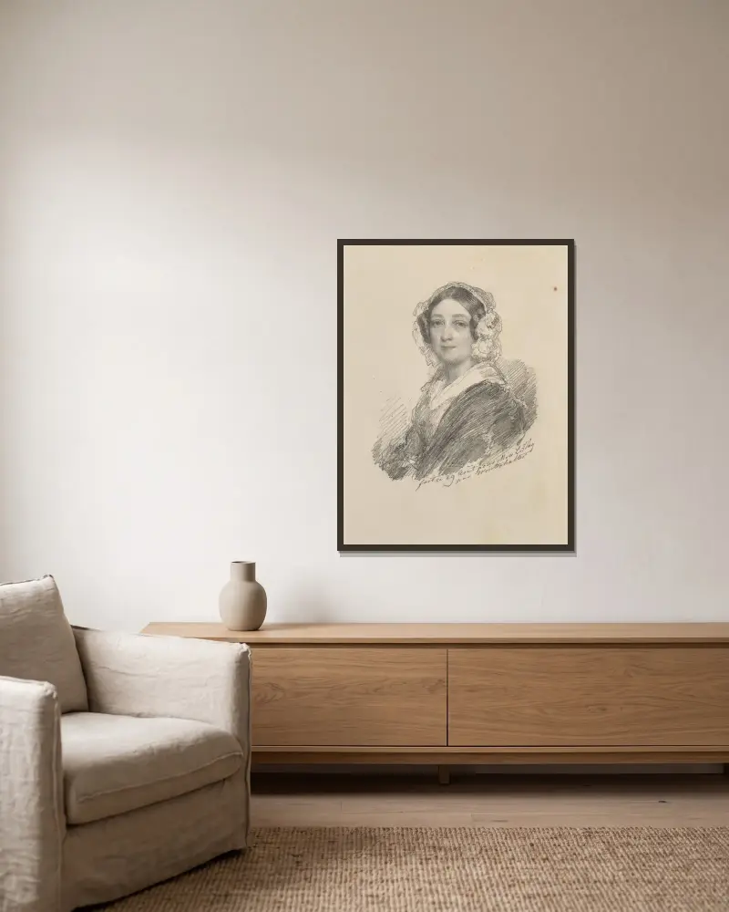 Porträtt av madame Louise Hay, baronessa Gudin av Franz Xaver Winterhalter inramad på en vägg
