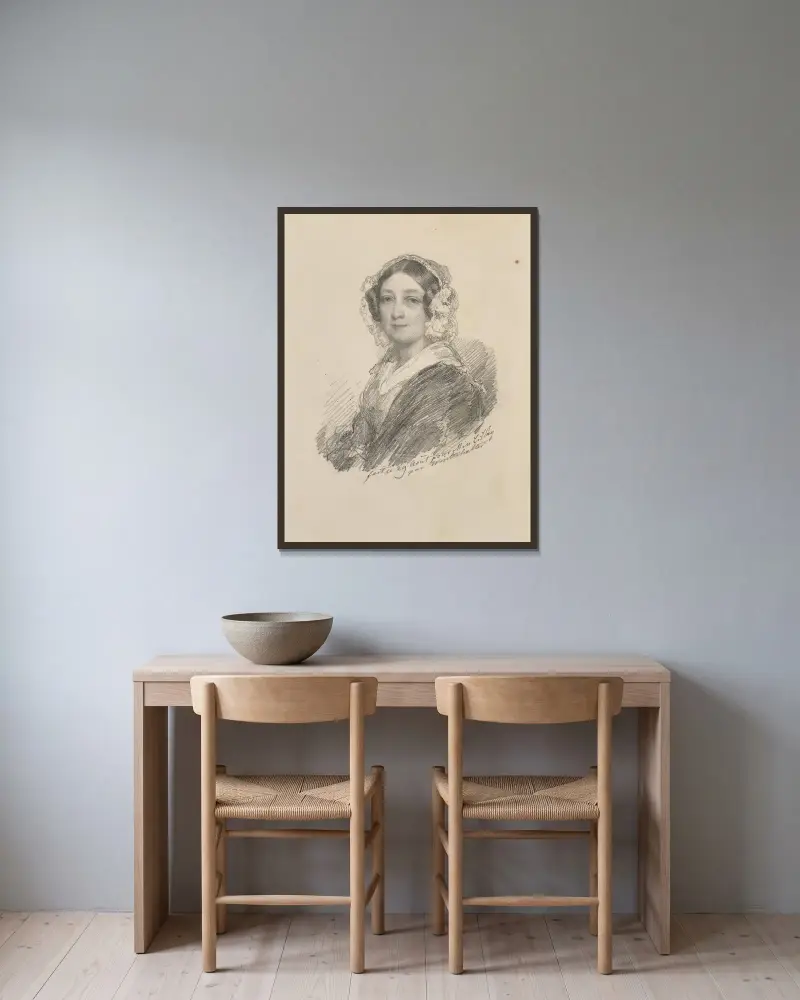Porträtt av madame Louise Hay, baronessa Gudin av Franz Xaver Winterhalter inramad på en vägg