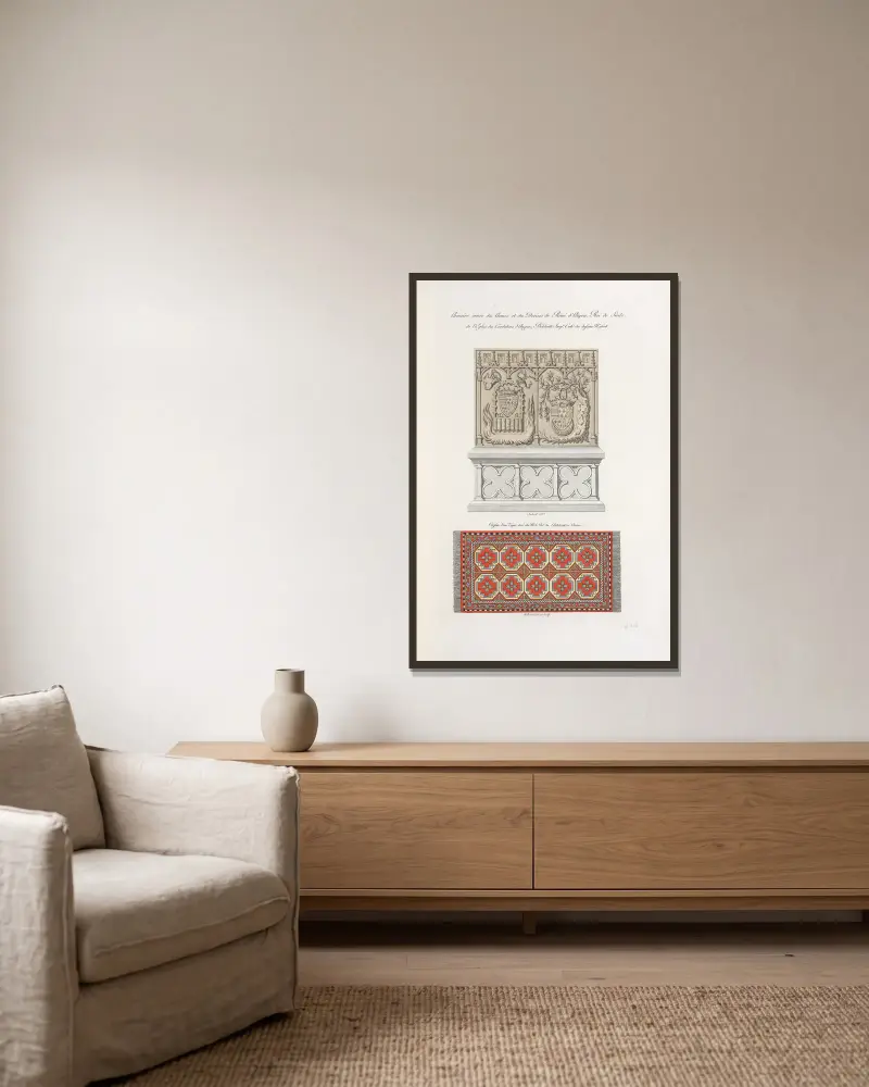 Schrank mit den Wappen und Wahlsprüchen von René von Anjou, König von Sizilien von Nicolas Xavier Willemin gerahmt an einer Wand