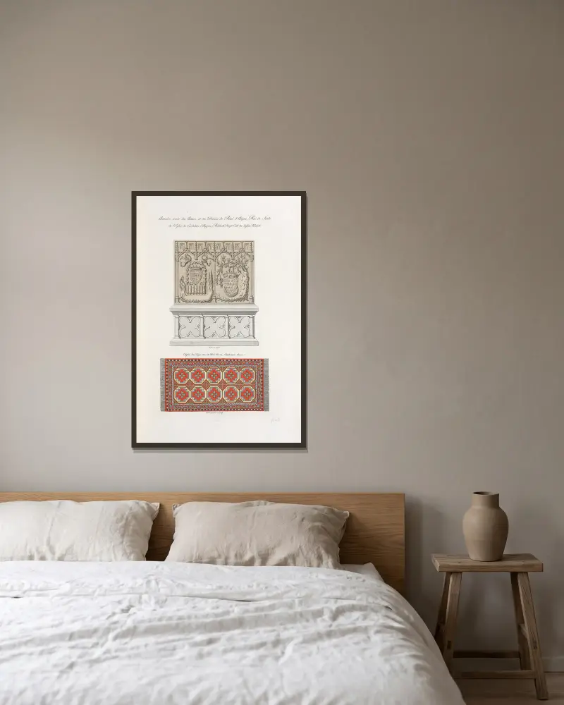 Schrank mit den Wappen und Wahlsprüchen von René von Anjou, König von Sizilien von Nicolas Xavier Willemin gerahmt an einer Wand