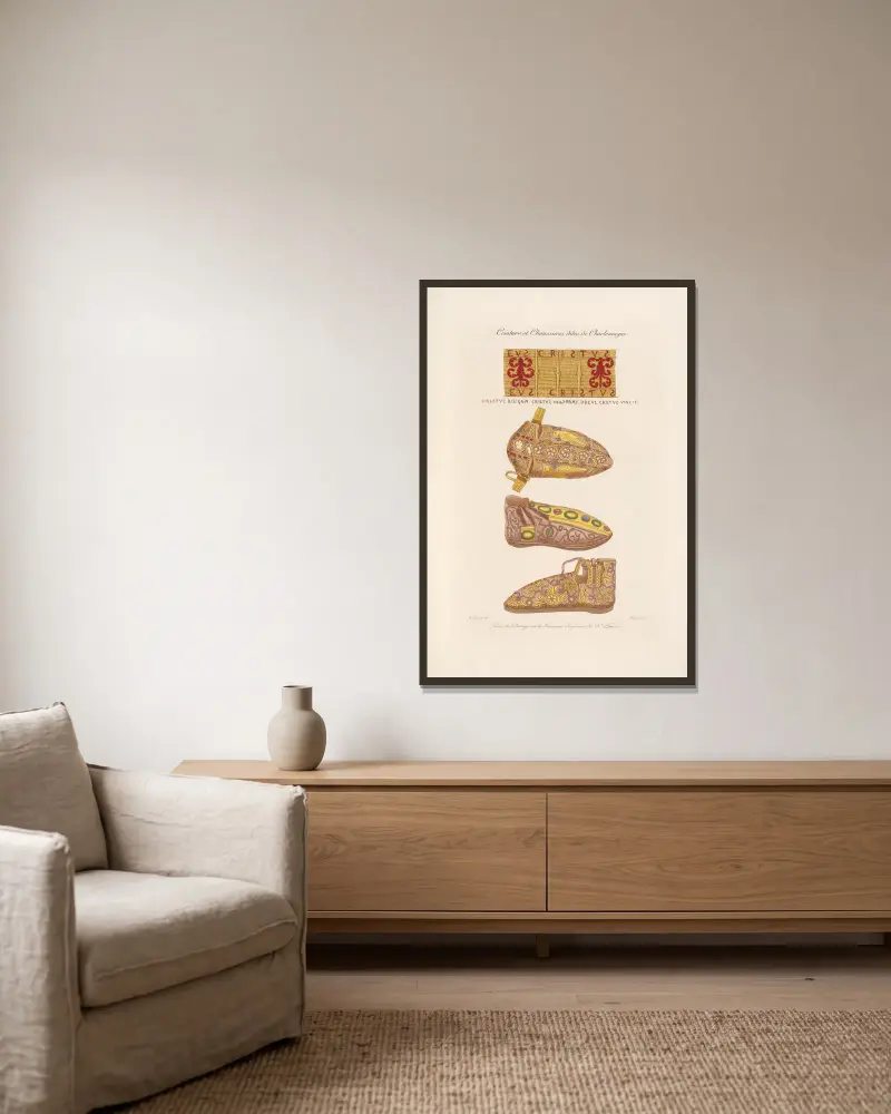 Ceintures de chaussures dites de Charlemagne. av Nicolas Xavier Willemin inramad på en vägg