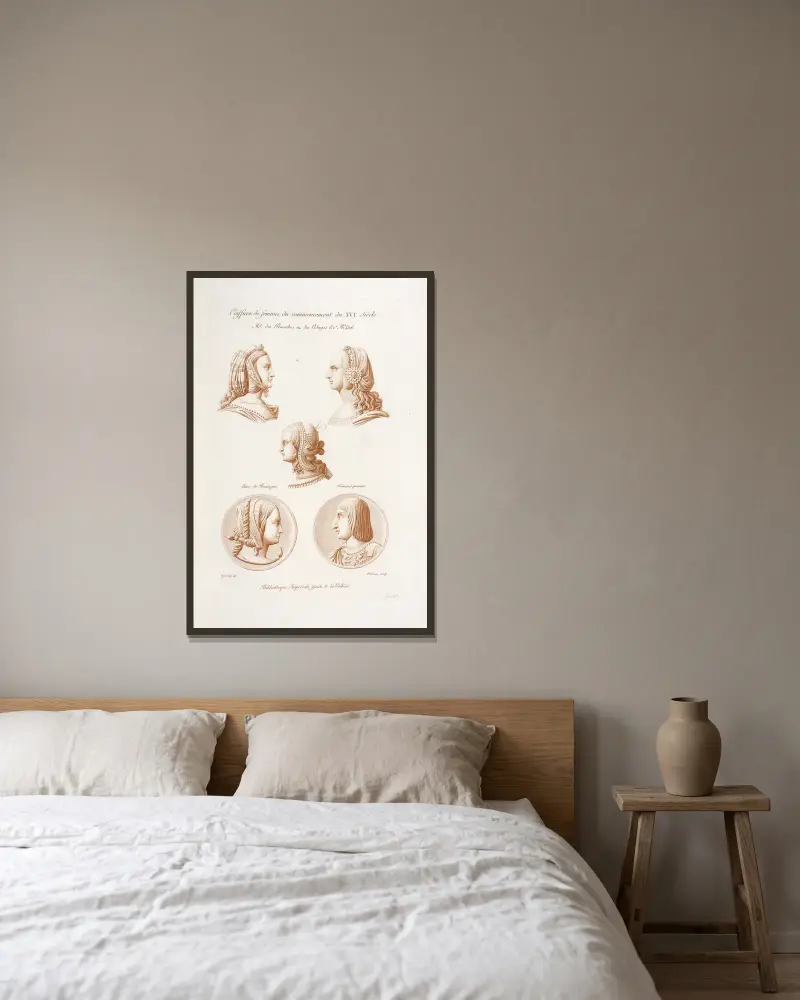 Coiffures de femmes, du commencement du XVIe. siècle. av Nicolas Xavier Willemin inramad på en vägg