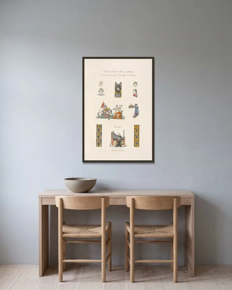 Damdräkter och ornament från 1300-talet, ur en latinsk psaltare, nr 175, Cordeliers samling av Nicolas Xavier Willemin inramad på en vägg