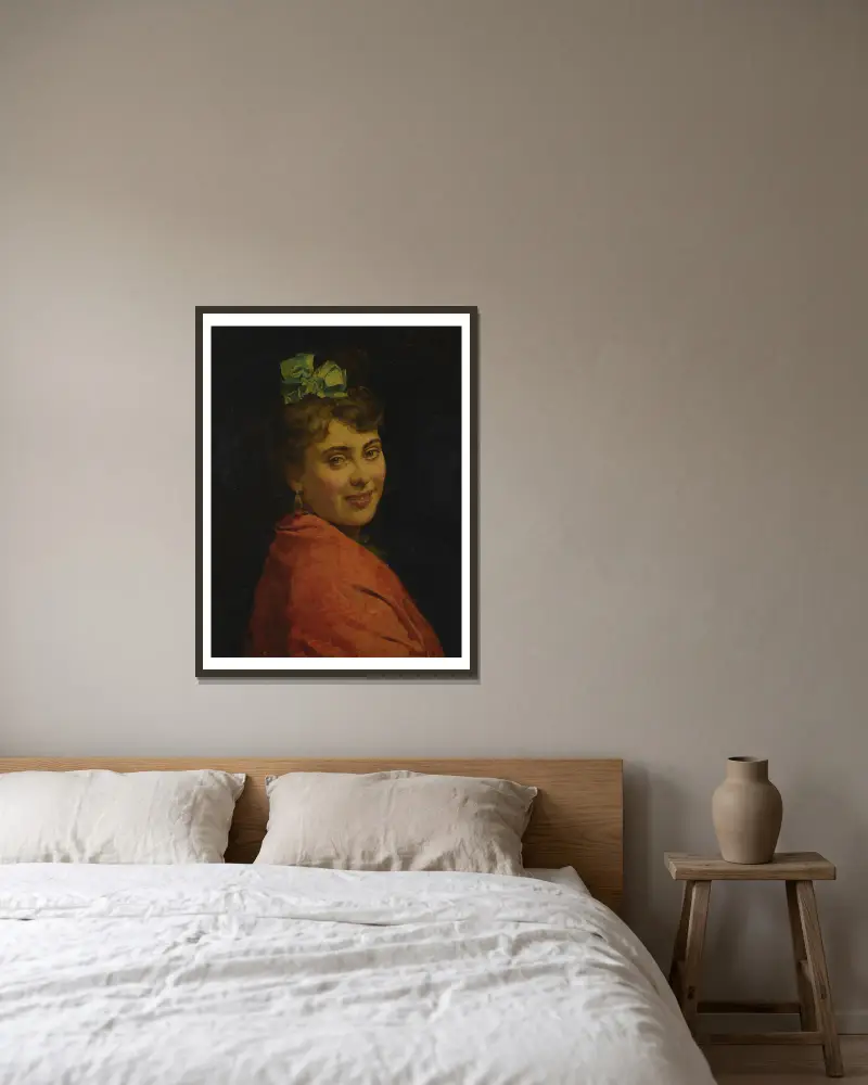 Porträtt av en dam med röd sjal av Raimundo de Madrazo y Garreta inramad på en vägg