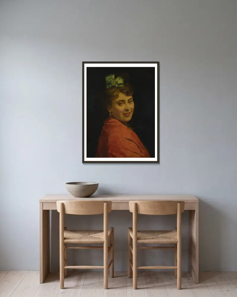 Porträtt av en dam med röd sjal av Raimundo de Madrazo y Garreta inramad på en vägg