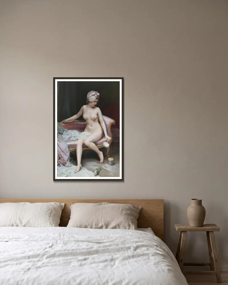 Efter badet (kvinnlig nakenmodell) av Raimundo de Madrazo y Garreta inramad på en vägg