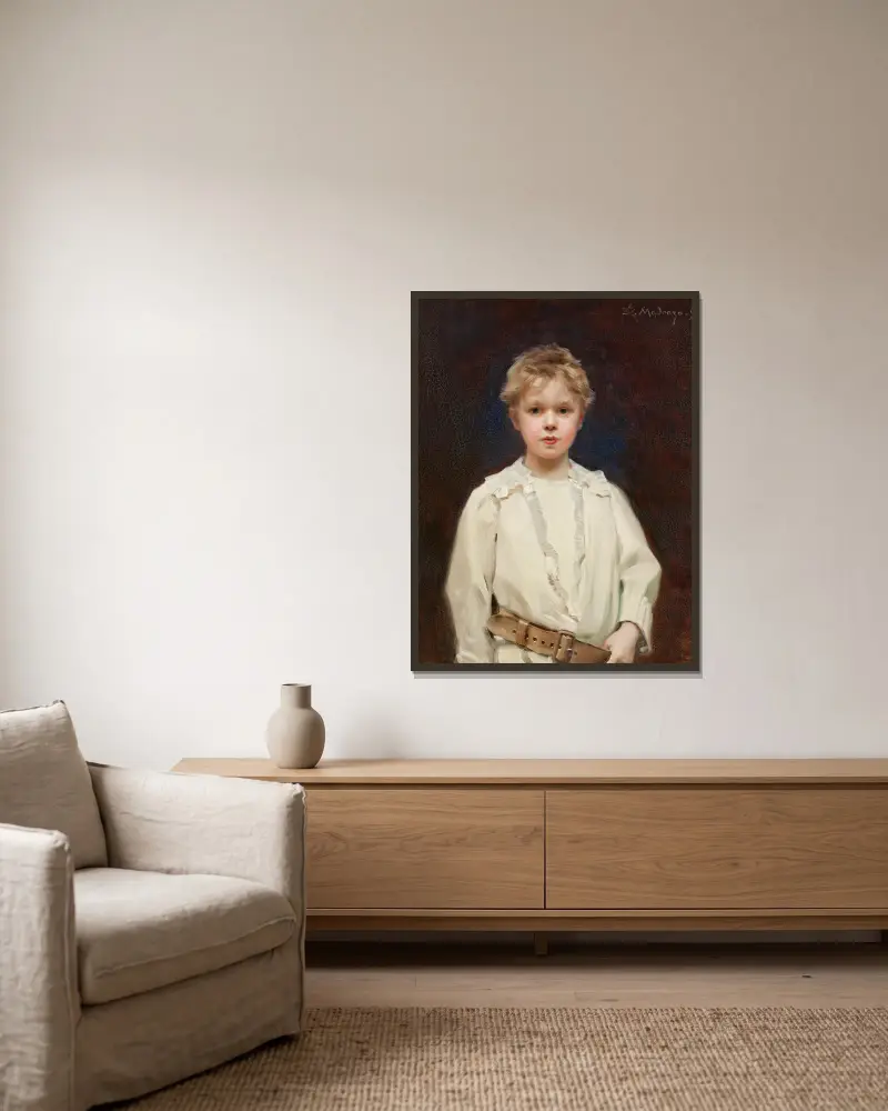 Porträtt av en pojke i vit skjorta och brunt läderbälte av Raimundo de Madrazo y Garreta inramad på en vägg