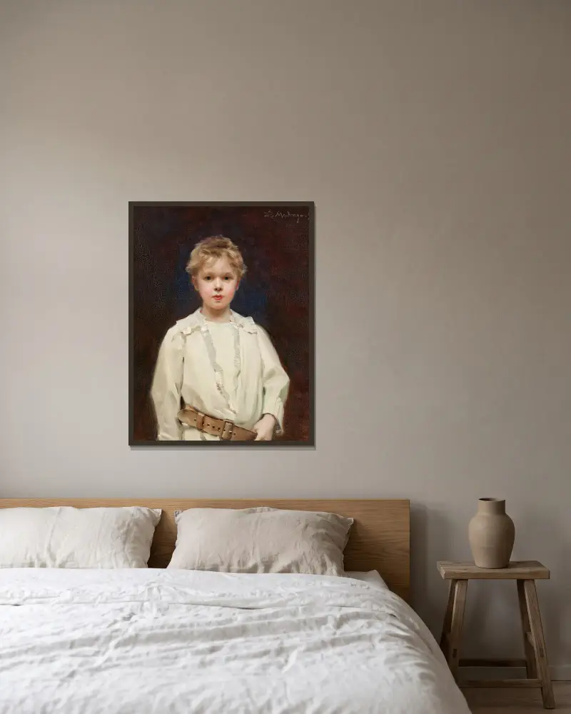 Porträtt av en pojke i vit skjorta och brunt läderbälte av Raimundo de Madrazo y Garreta inramad på en vägg