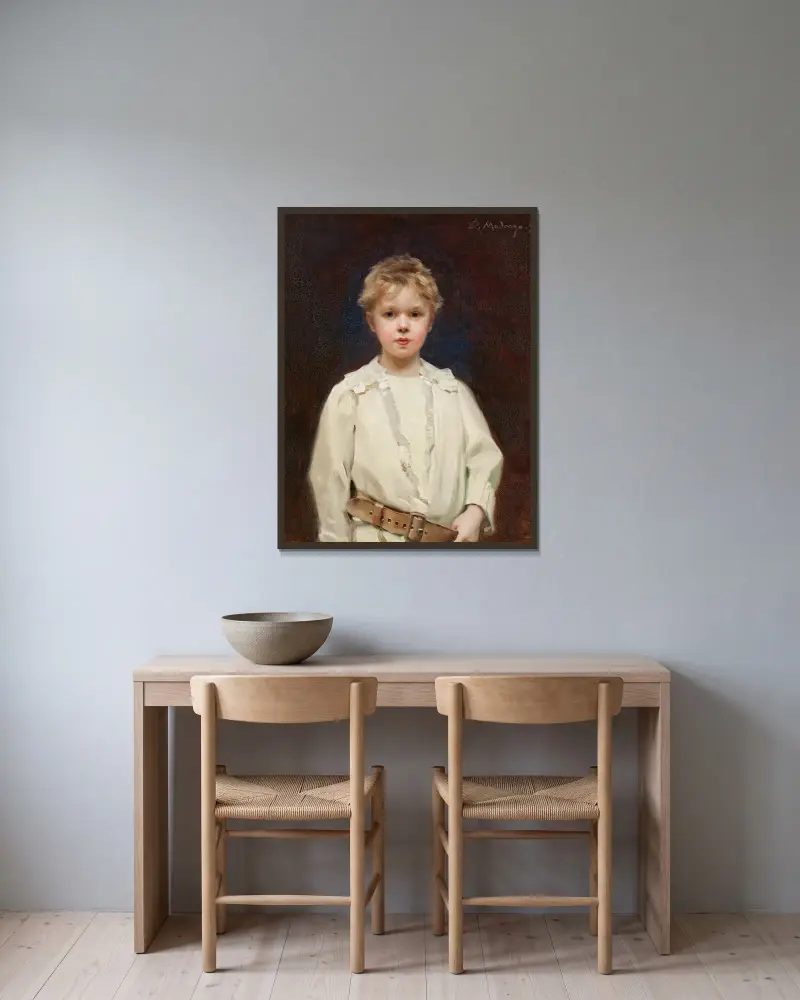 Porträtt av en pojke i vit skjorta och brunt läderbälte av Raimundo de Madrazo y Garreta inramad på en vägg