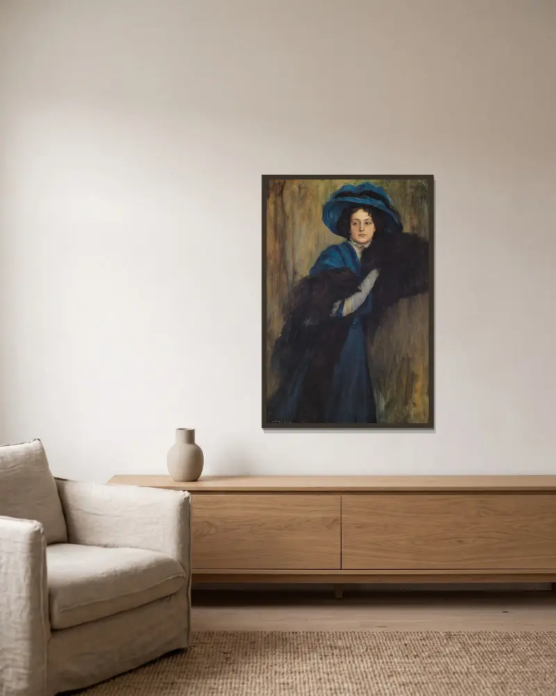 Porträtt av en dam i blått av Raimundo de Madrazo y Garreta inramad på en vägg