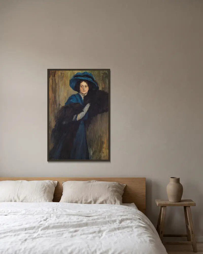 Porträtt av en dam i blått av Raimundo de Madrazo y Garreta inramad på en vägg