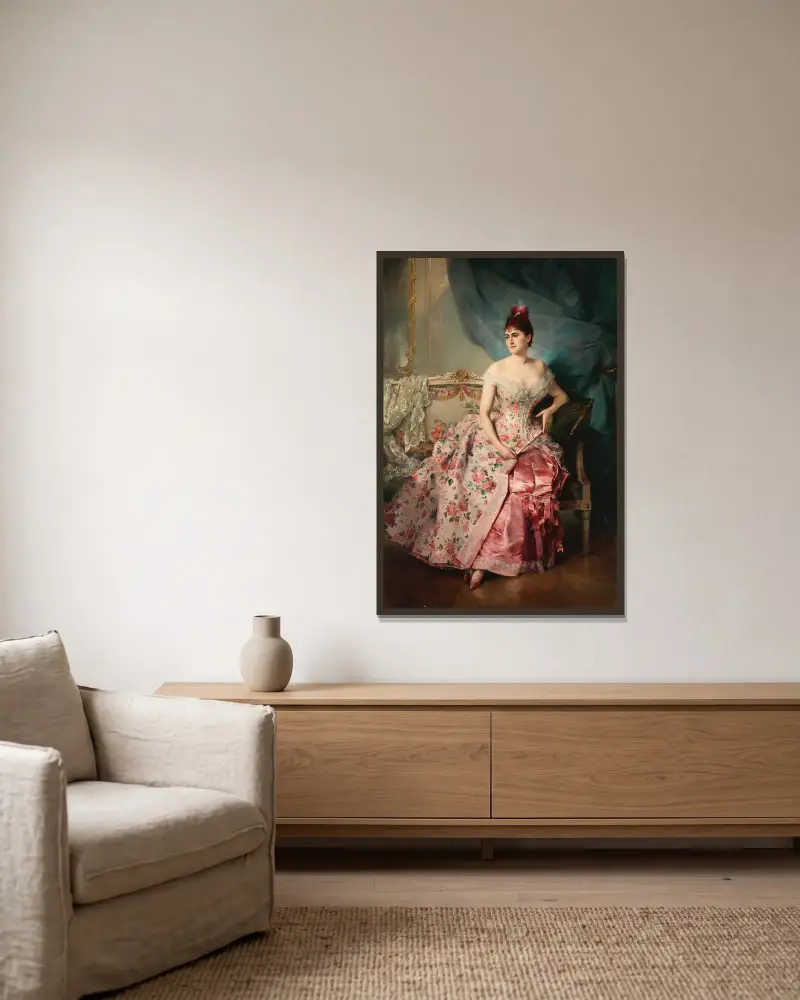 Porträtt av en dam – nr 1 av Raimundo de Madrazo y Garreta inramad på en vägg