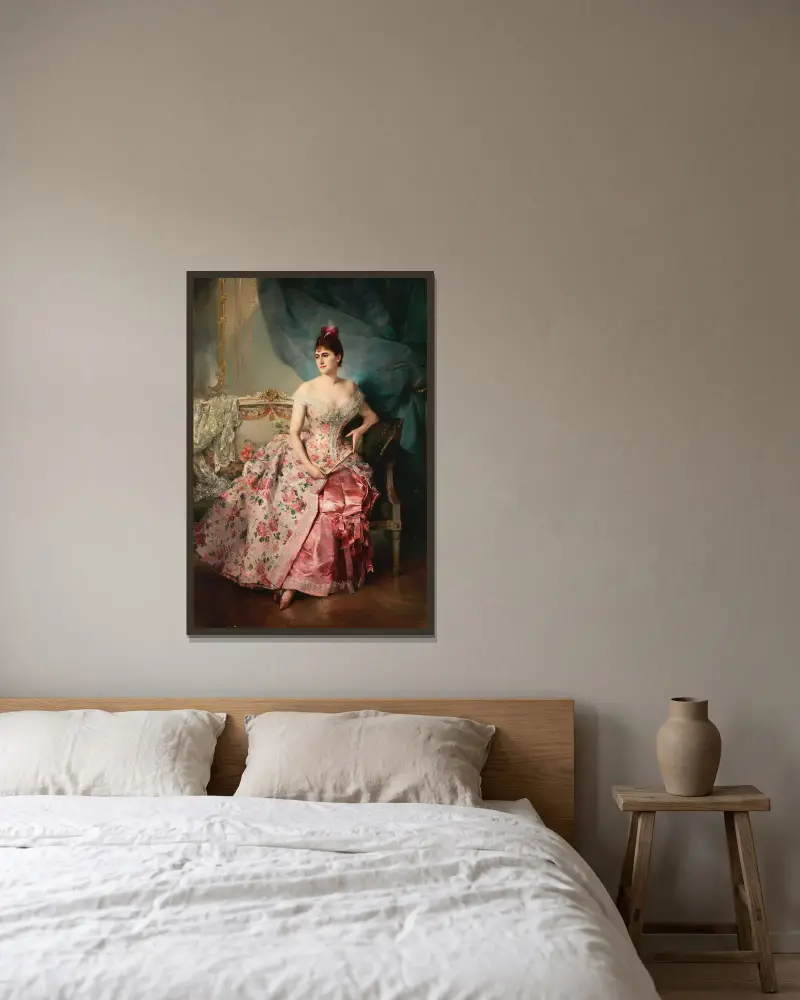 Porträtt av en dam – nr 1 av Raimundo de Madrazo y Garreta inramad på en vägg