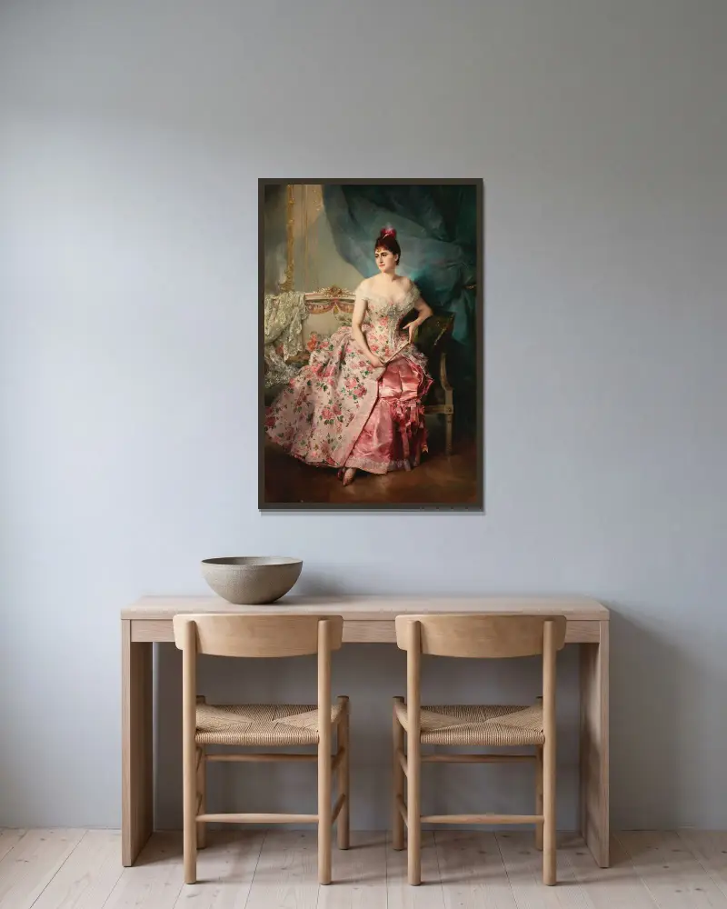 Porträtt av en dam – nr 1 av Raimundo de Madrazo y Garreta inramad på en vägg