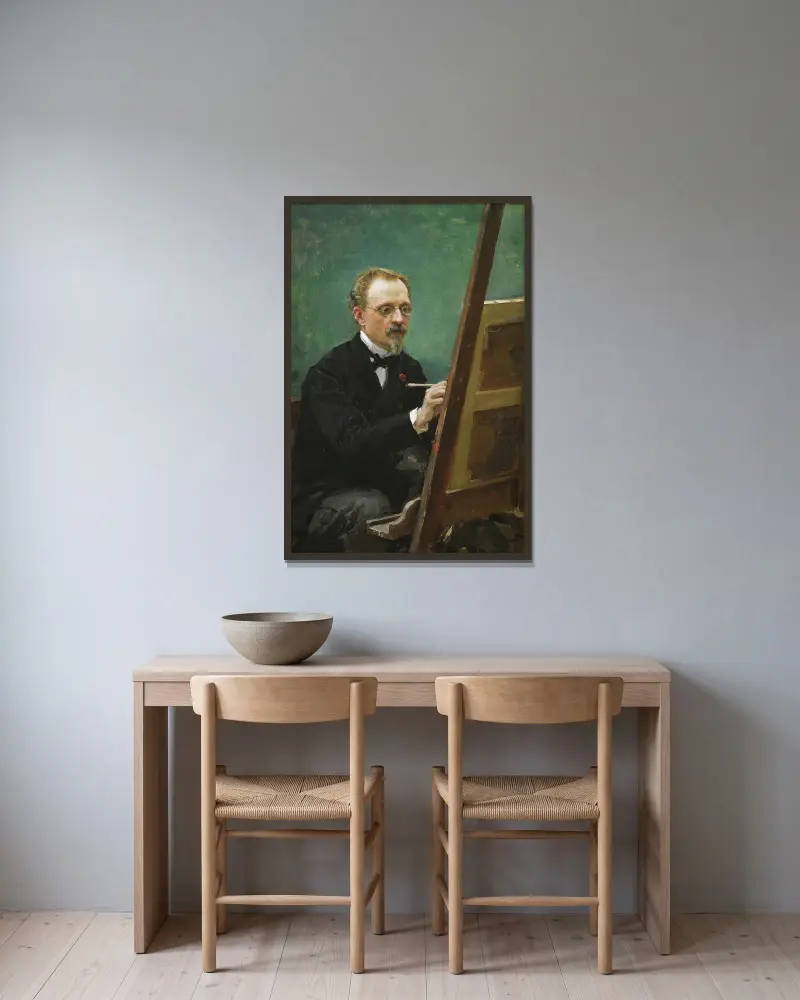 Porträtt av Federico de Madrazo målande av Raimundo de Madrazo y Garreta inramad på en vägg