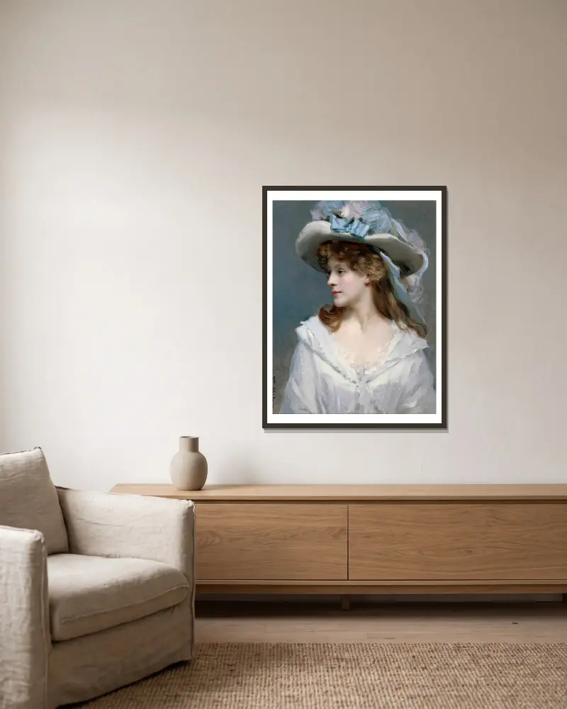 Frau in Weiß von Raimundo de Madrazo y Garreta gerahmt an einer Wand