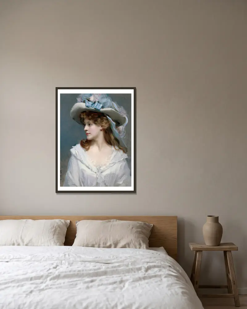 Frau in Weiß von Raimundo de Madrazo y Garreta gerahmt an einer Wand