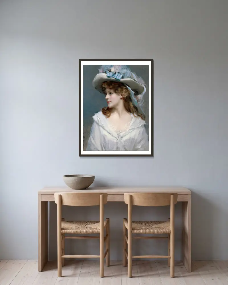 Frau in Weiß von Raimundo de Madrazo y Garreta gerahmt an einer Wand