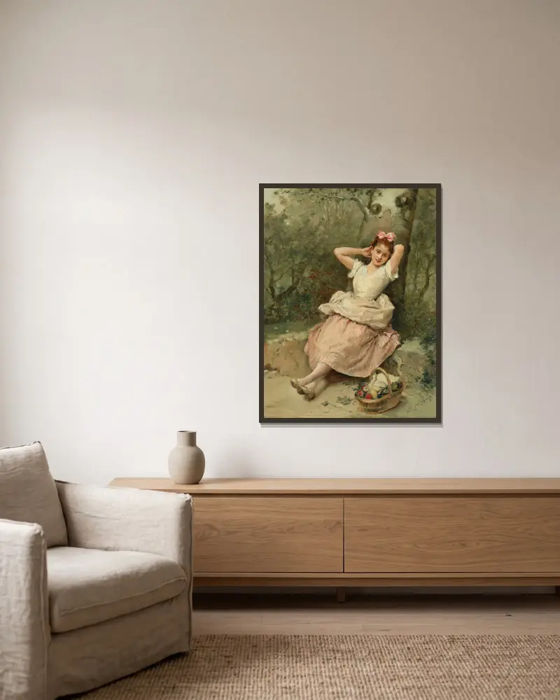 Ung flicka sittande vid foten av ett träd av Raimundo de Madrazo y Garreta inramad på en vägg
