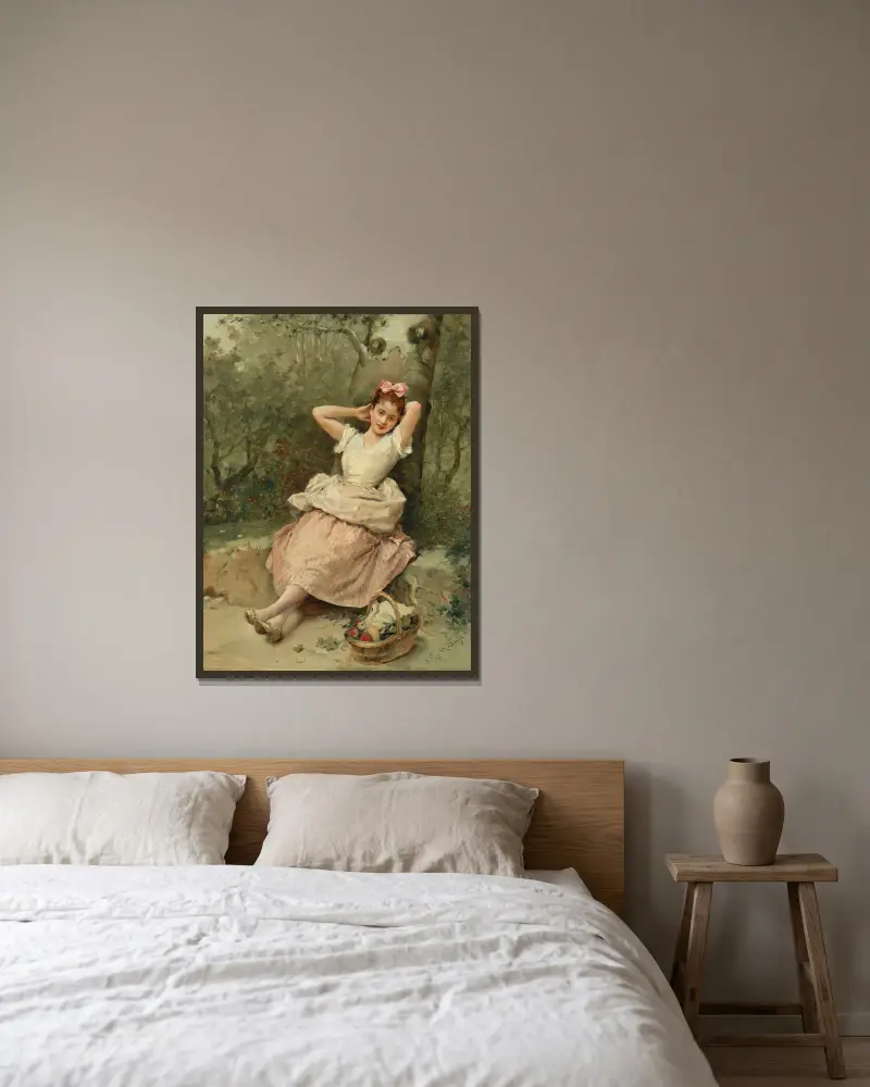 Ung flicka sittande vid foten av ett träd av Raimundo de Madrazo y Garreta inramad på en vägg
