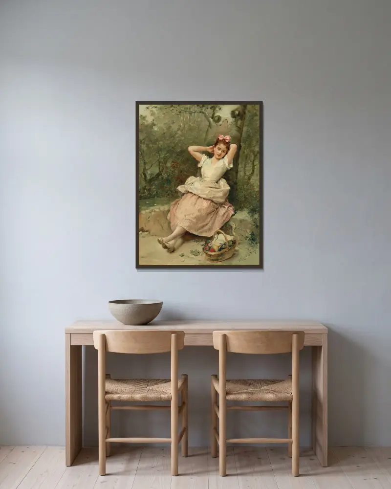 Ung flicka sittande vid foten av ett träd av Raimundo de Madrazo y Garreta inramad på en vägg