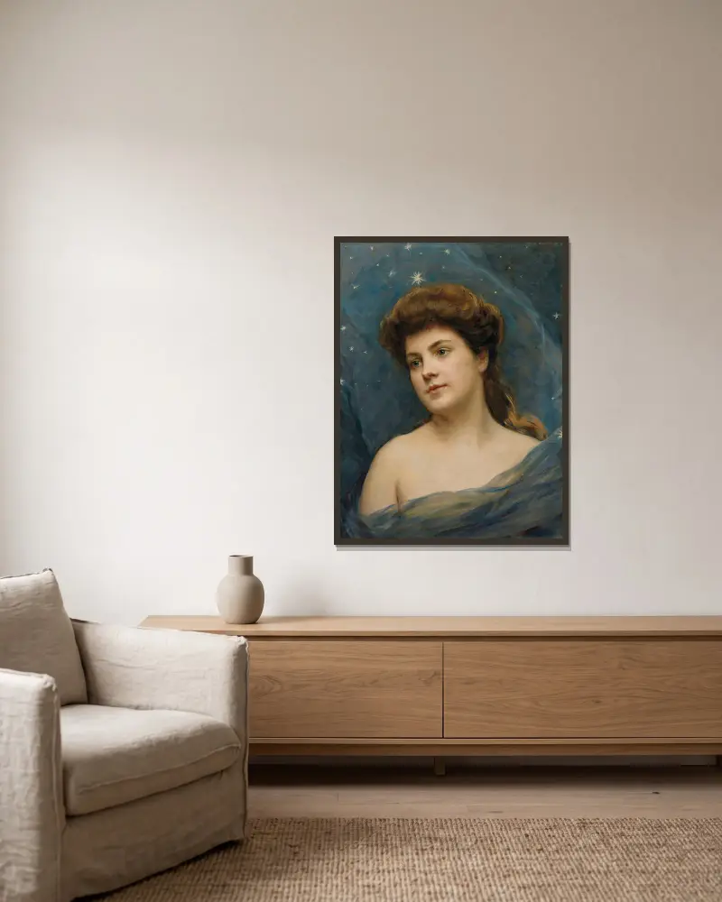 Ung kvinna omgiven av stjärnor av Raimundo de Madrazo y Garreta inramad på en vägg