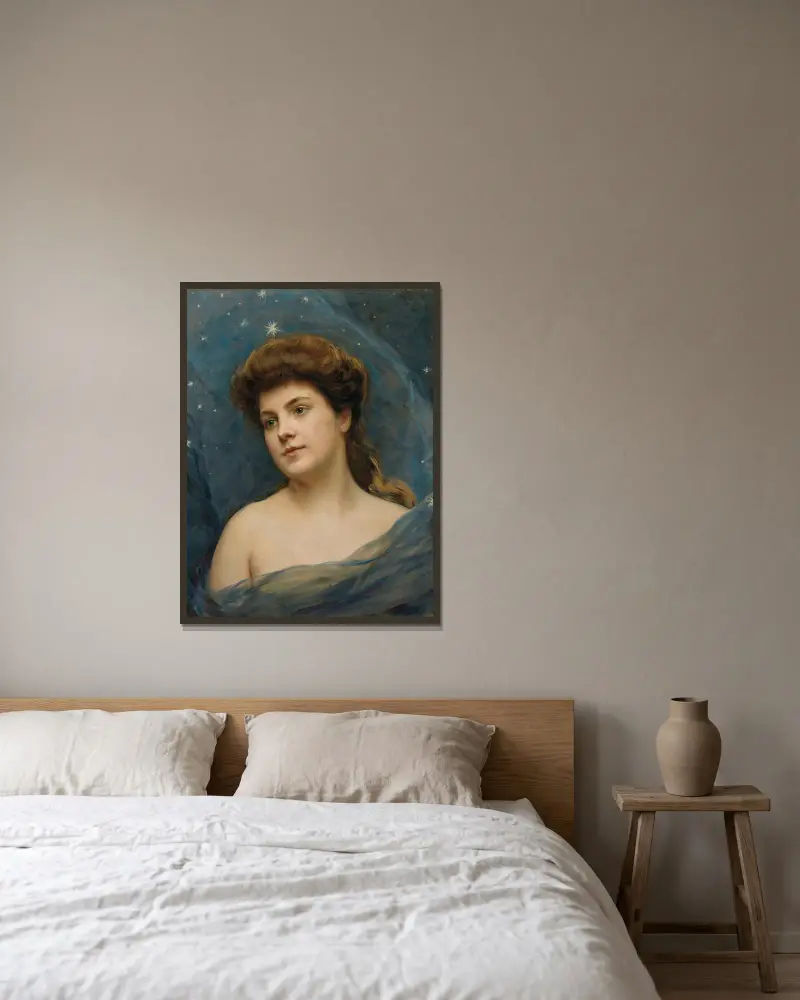 Ung kvinna omgiven av stjärnor av Raimundo de Madrazo y Garreta inramad på en vägg