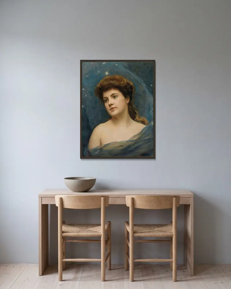 Ung kvinna omgiven av stjärnor av Raimundo de Madrazo y Garreta inramad på en vägg