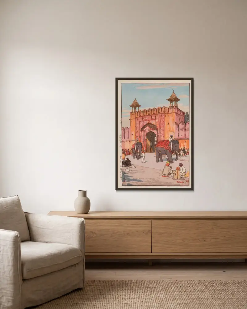 Ajmer Gate, Jaipur av Yoshida Hiroshi inramad på en vägg